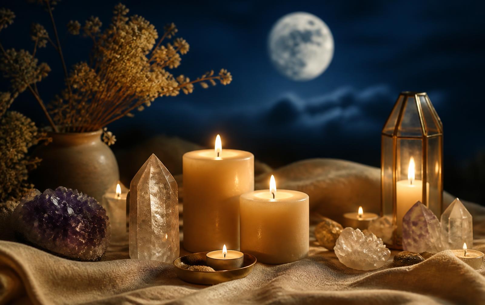 Velas y cristales bajo la luz de la luna